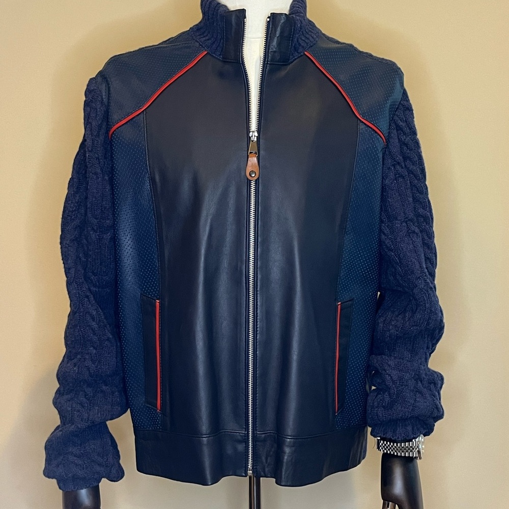 Red and Blue Varsity Bomber with Stand-Up Collar
